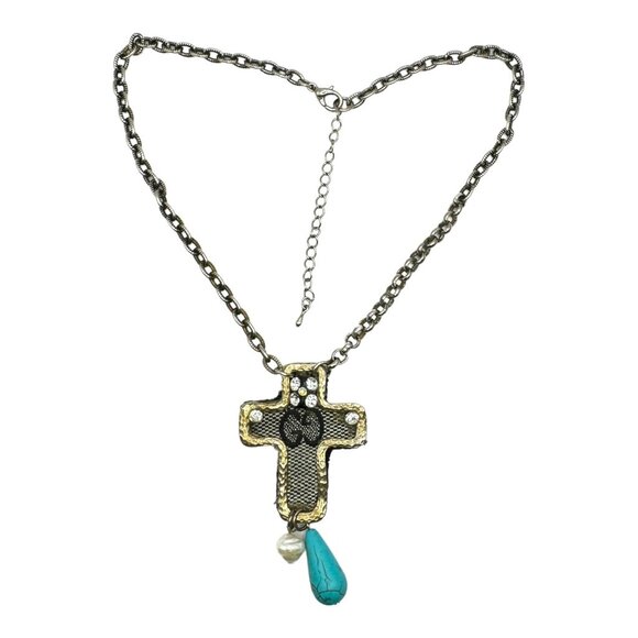 Luxury Logo Upcycled Canvas Bag Necklace with Vintage Cross Necklace W/ Pearl - Picture 5 of 17